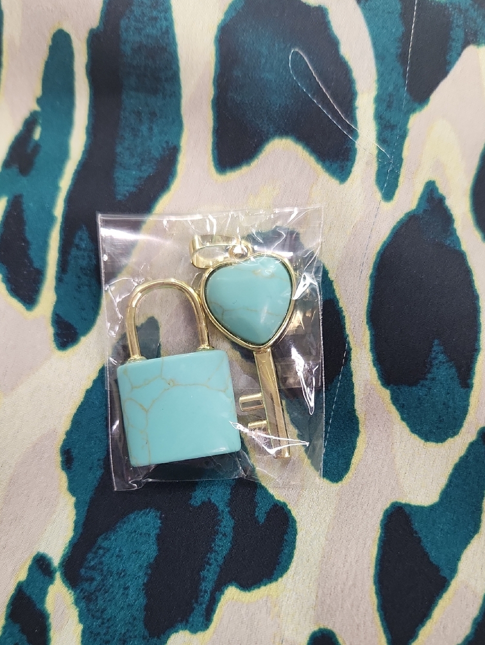 GOLD PLATED Turquoise Heart Key and Padlock Charm Set - Women Accessories
